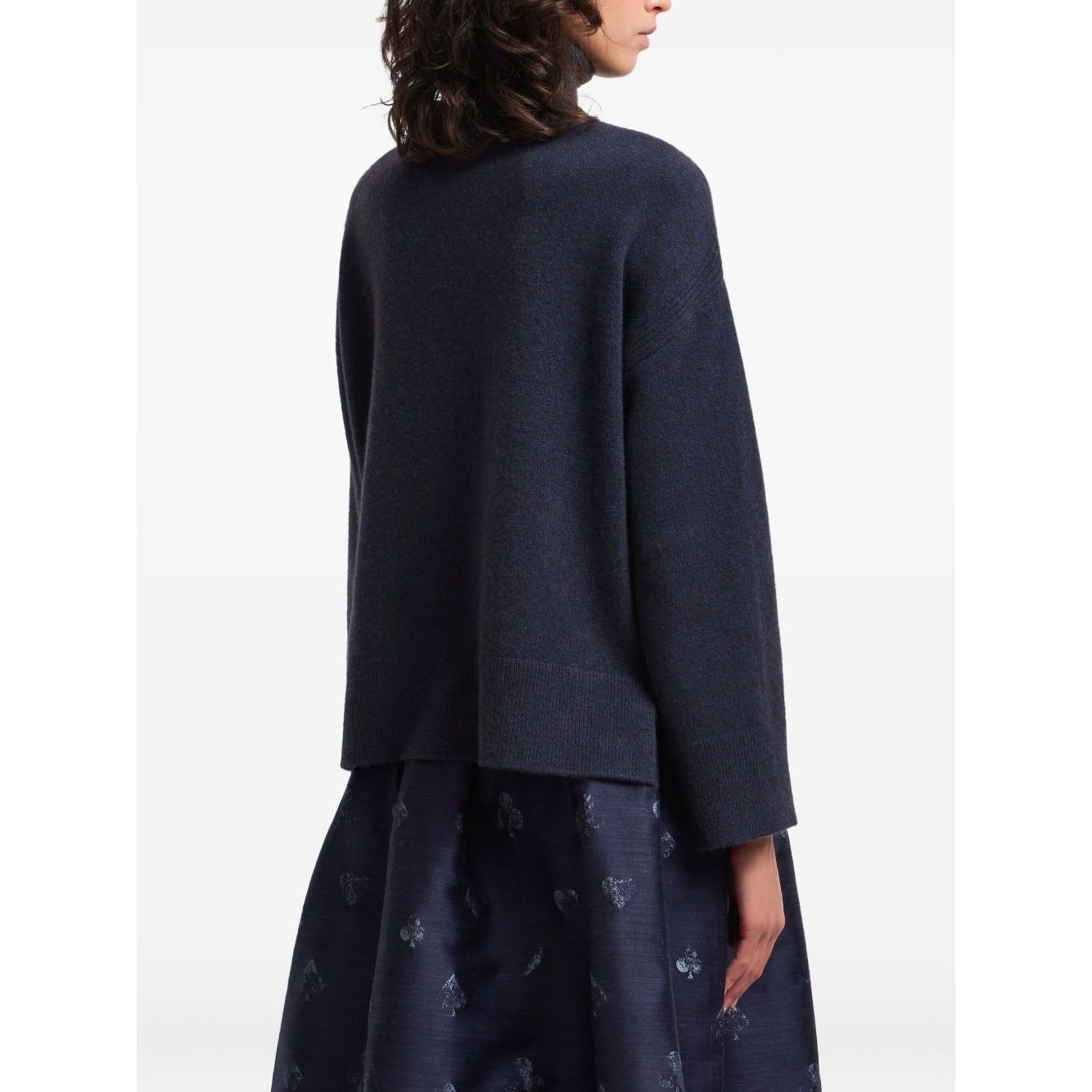 Back view of Emporio Armani Sweaters Blue, dark blue roll neck ribbed knit long sleeves, straight hemline wool turtle-neck sweater