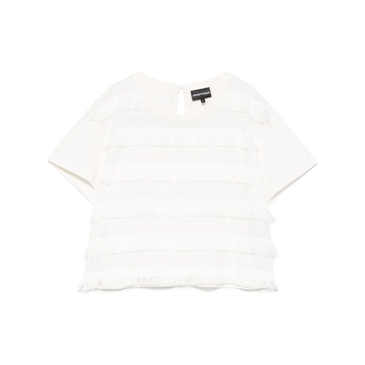 White Emporio Armani T-shirt with fringes, crew neck, short sleeves, embroidered logo, rear button fastening, cotton, true to size.
