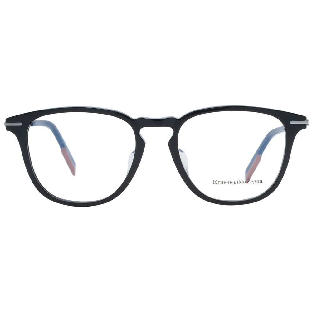 Ermenegildo Zegna Black Men Glasses Frame, full-rim round style with plastic black frame, size 52-18-150, branded case included.
