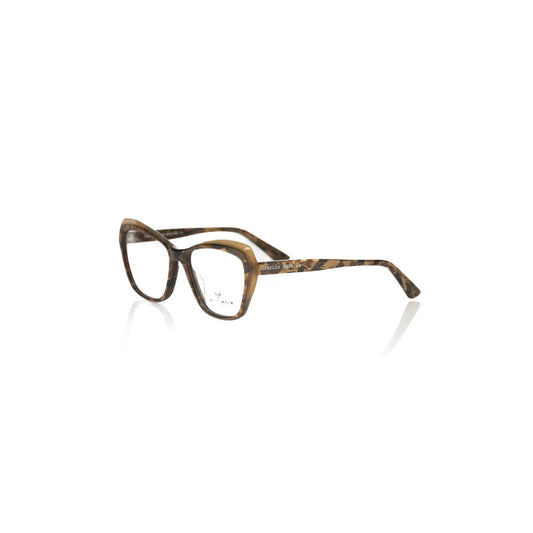 Frankie Morello Beige Acetate Women Frame cat-eye glasses with cream Havana pattern and glitter accents, made in Italy.