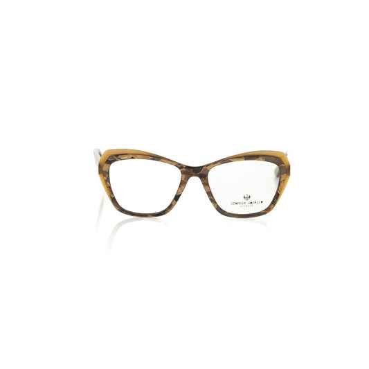 Frankie Morello Beige Acetate Women Frame cat-eye eyeglasses with cream Havana pattern and glittery arms, crafted in Italy.