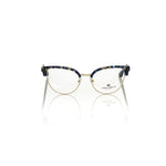 Frankie Morello Blue Metallic Women's Eyeglass Frame with square lenses and blue Havana pattern for a stylish look.