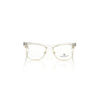 Frankie Morello Gold Metallic Unisex Eyeglass Frame with chic upper profile and transparent temples featuring logo detail.