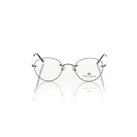 Round Frankie Morello Gray Metallic Unisex Eyeglass Frame with gun barrel-colored metallic design, showcasing Italian craftsmanship and elegance.
