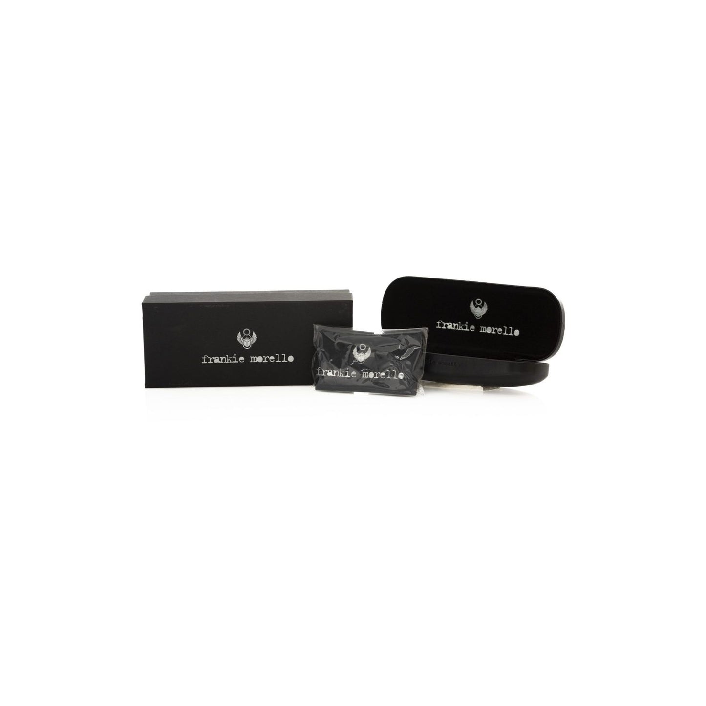 Frankie Morello eyeglass packaging with black case and logo