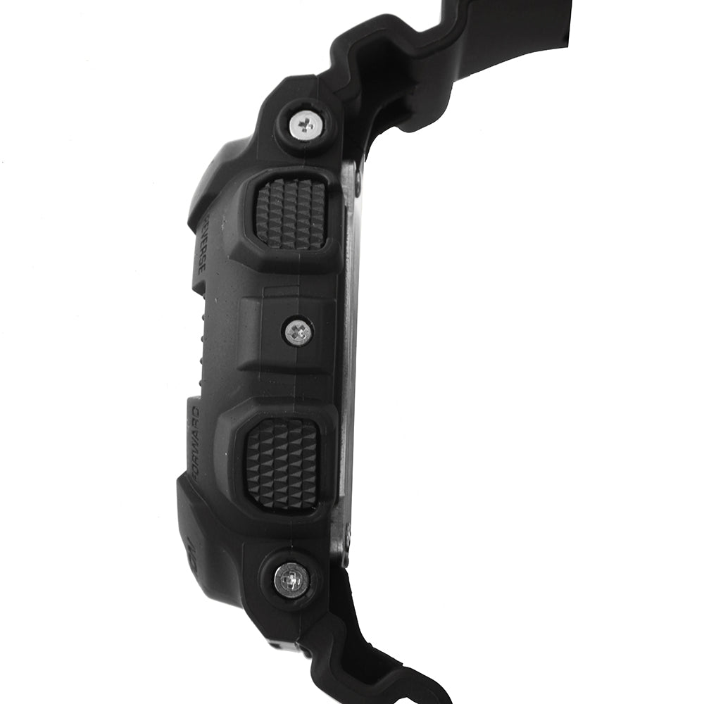 Side view of CASIO G-SHOCK Mod. GS BASIC wristwatch with black resin case and strap, showcasing multifunction quartz movement.