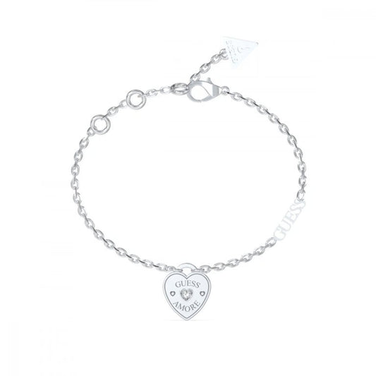 Delicate silver bracelet with heart pendant, GUESS JEWELS JEWELRY Mod. JUBB05057JWRHS, featuring "Amore" engraving.