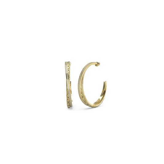 Gold hoop earrings from GUESS JEWELS JEWELRY Mod. JUBE04585JWYGT-U featuring intricate design.
