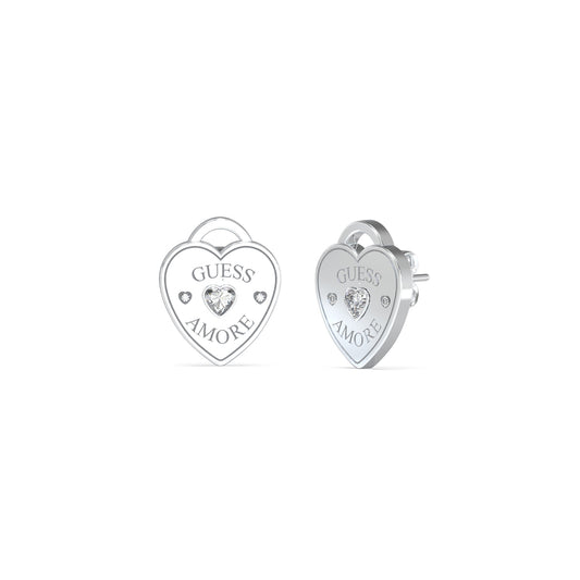 Heart-shaped earrings from GUESS JEWELS JEWELRY Mod. JUBE05058JWRHT-U with 'Guess Amore' engraving and crystal details.