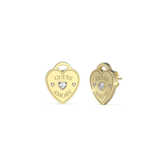 GUESS JEWELS JEWELRY Mod. JUBE05058JWYGT-U heart-shaped earrings with "GUESS AMORE" and crystal accents
