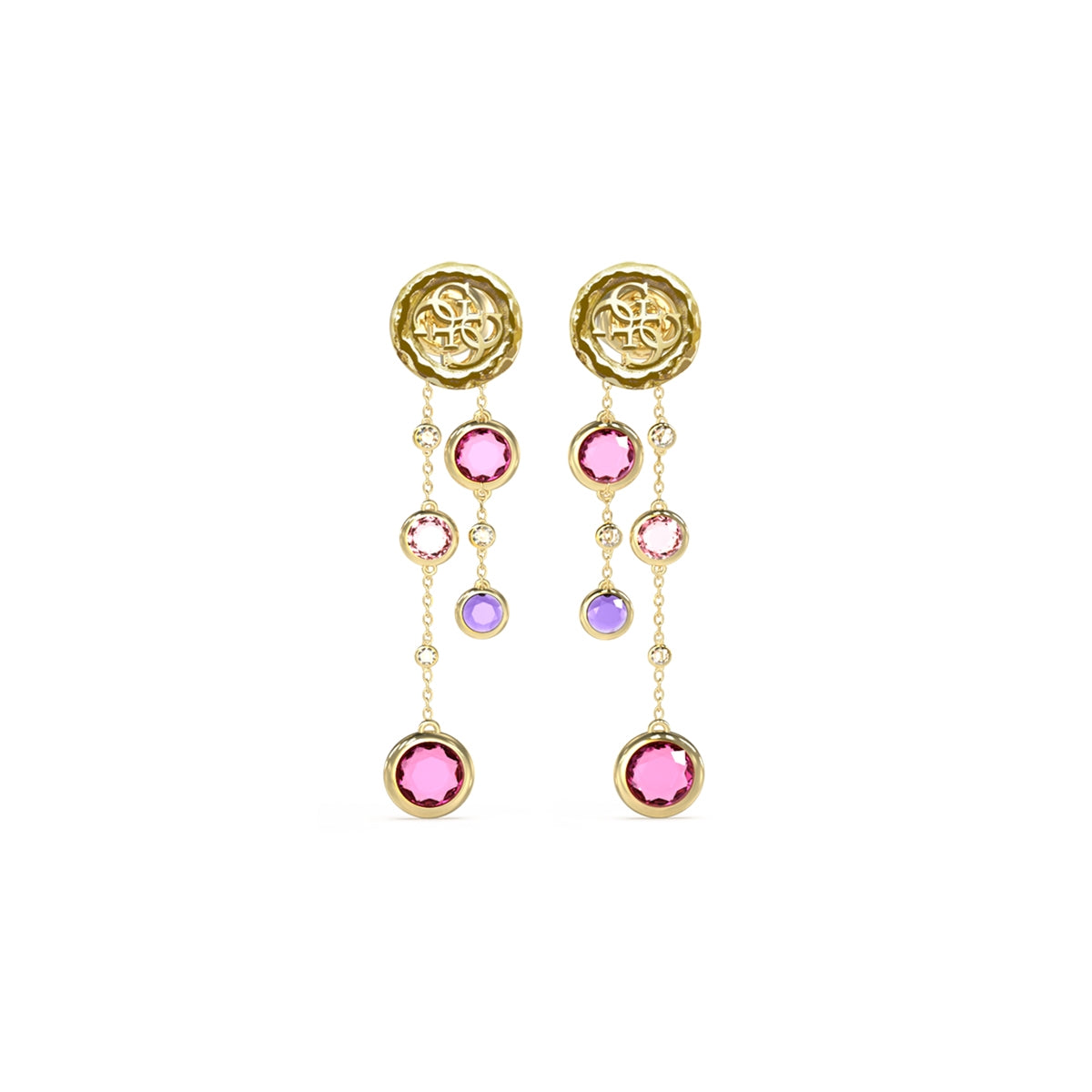 GUESS JEWELS JEWELRY Mod. JUBE05091JWYGFCT-U with gold and pink gemstone drop earrings displayed on a white background.