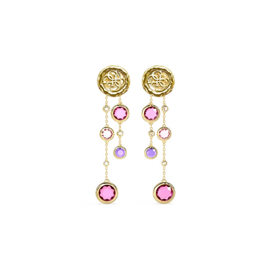 GUESS JEWELS JEWELRY Mod. JUBE05091JWYGFCT-U with gold and pink gemstone drop earrings displayed on a white background.