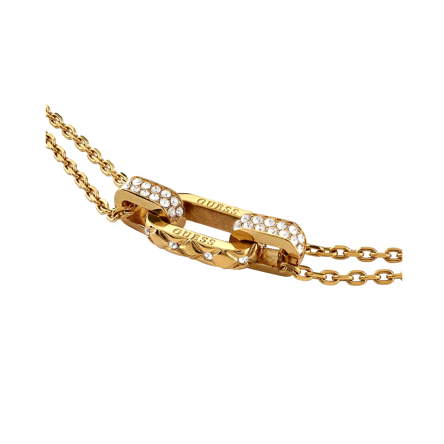 GUESS JEWELS JEWELRY Mod. JUBN04580JWYGT-U gold necklace with crystal accents on a chain.