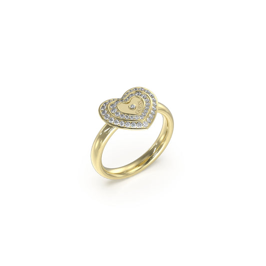 GUESS JEWELS JEWELRY Mod. JUBR04034JWYG54 gold heart ring with crystal accents on a white background