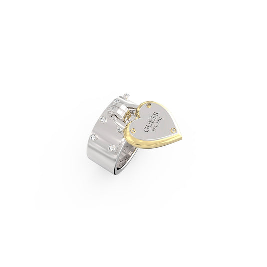 GUESS JEWELS JEWELRY Mod. JUBR04205JWYGRH52 silver and gold heart lock ring with crystal accents.