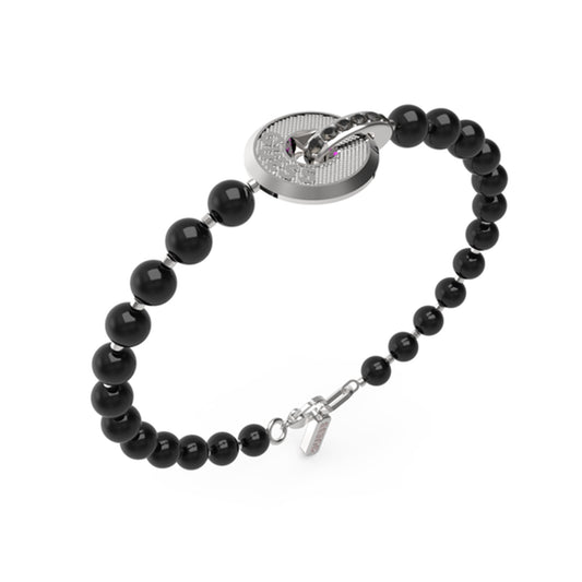 GUESS JEWELS JEWELRY Mod. JUMB04060JWSTBKS black beaded bracelet with a circular pendant and silver accents.