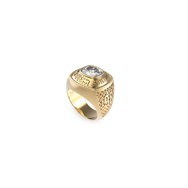 GUESS JEWELS JEWELRY Mod. JUMR01375JWYG64 gold ring with intricate details and gemstone