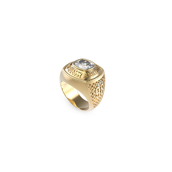 Gold ring from GUESS JEWELS JEWELRY Mod. JUMR01375JWYG66 with intricate design and gemstone on top.