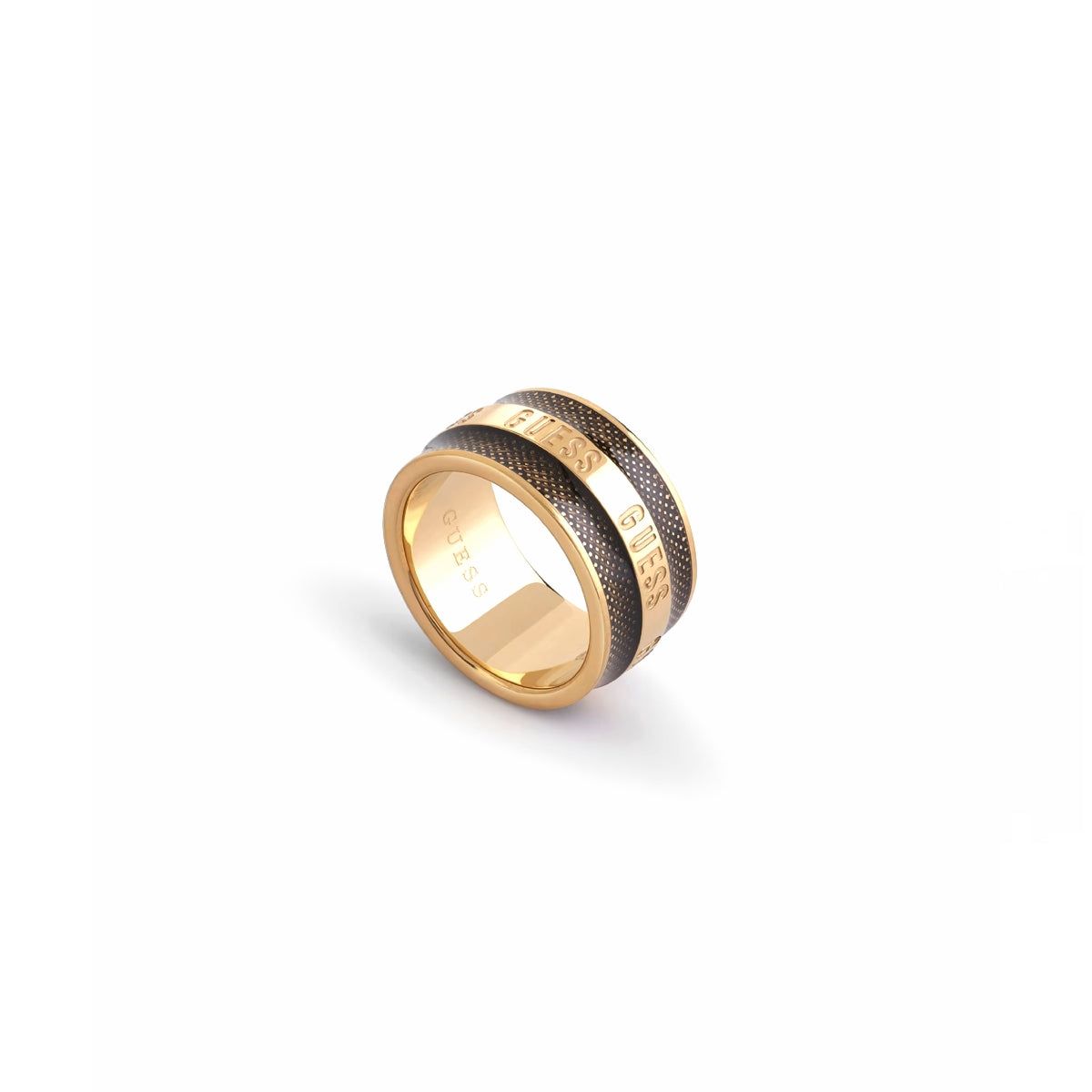 GUESS JEWELS JEWELRY Mod. JUMR03209JWYGBK62 gold and black ring with embossed design.
