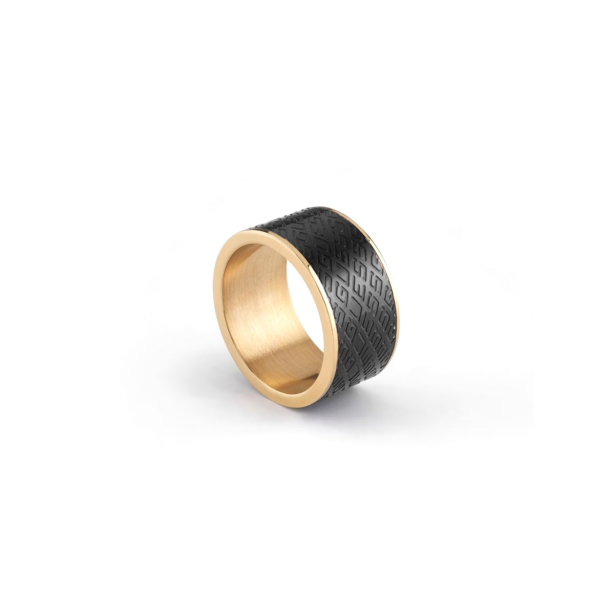 GUESS JEWELS JEWELRY Mod. JUMR03226JWYGBK66 gold and black patterned ring.
