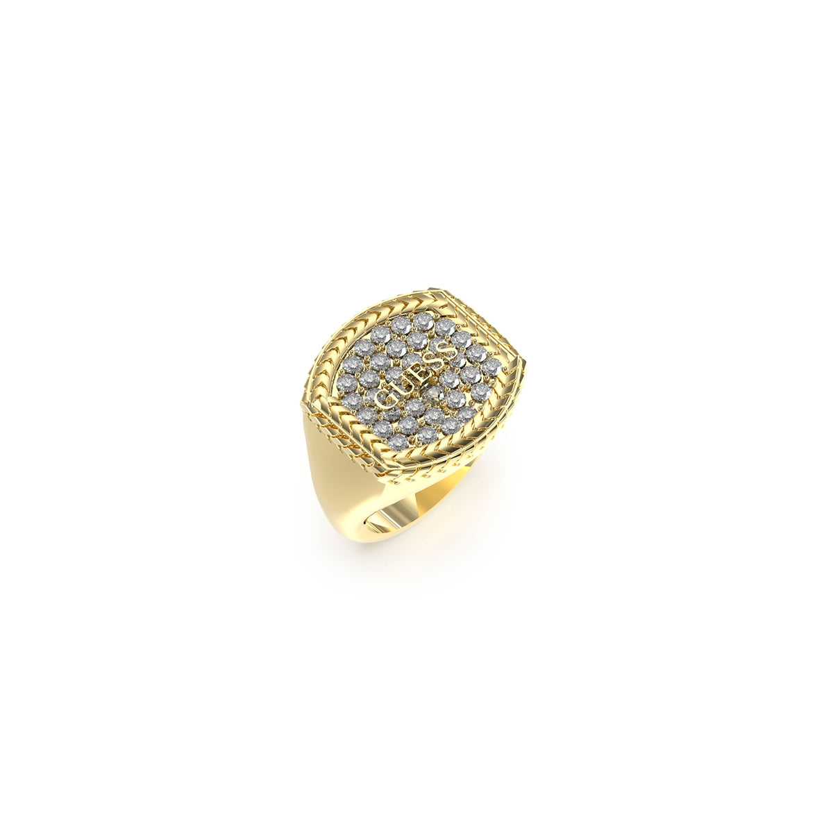 Gold ring with crystals, featuring GUESS JEWELS JEWELRY Mod. JUMR05019JWYG64, displayed on a white background.
