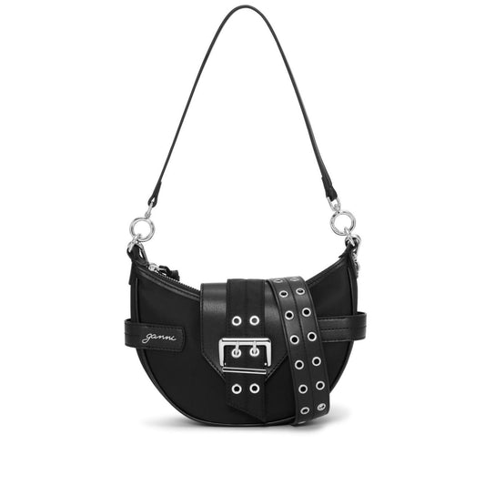 Ganni Bucky Small Shoulder Bag in black recycled nylon with embossed logo and buckle fastening, featuring detachable adjustable strap