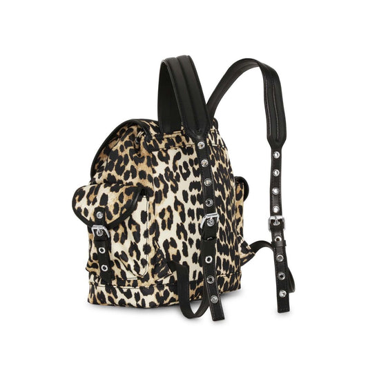 Ganni Leopard Small Nylon Bucky Backpack with buckle fastening, foldover top, and drawstring, featuring leopard print design.
