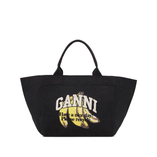 Ganni Organic cotton XXL tote bag with graphic black print and logo on the front, featuring two top handles, organic cotton design.