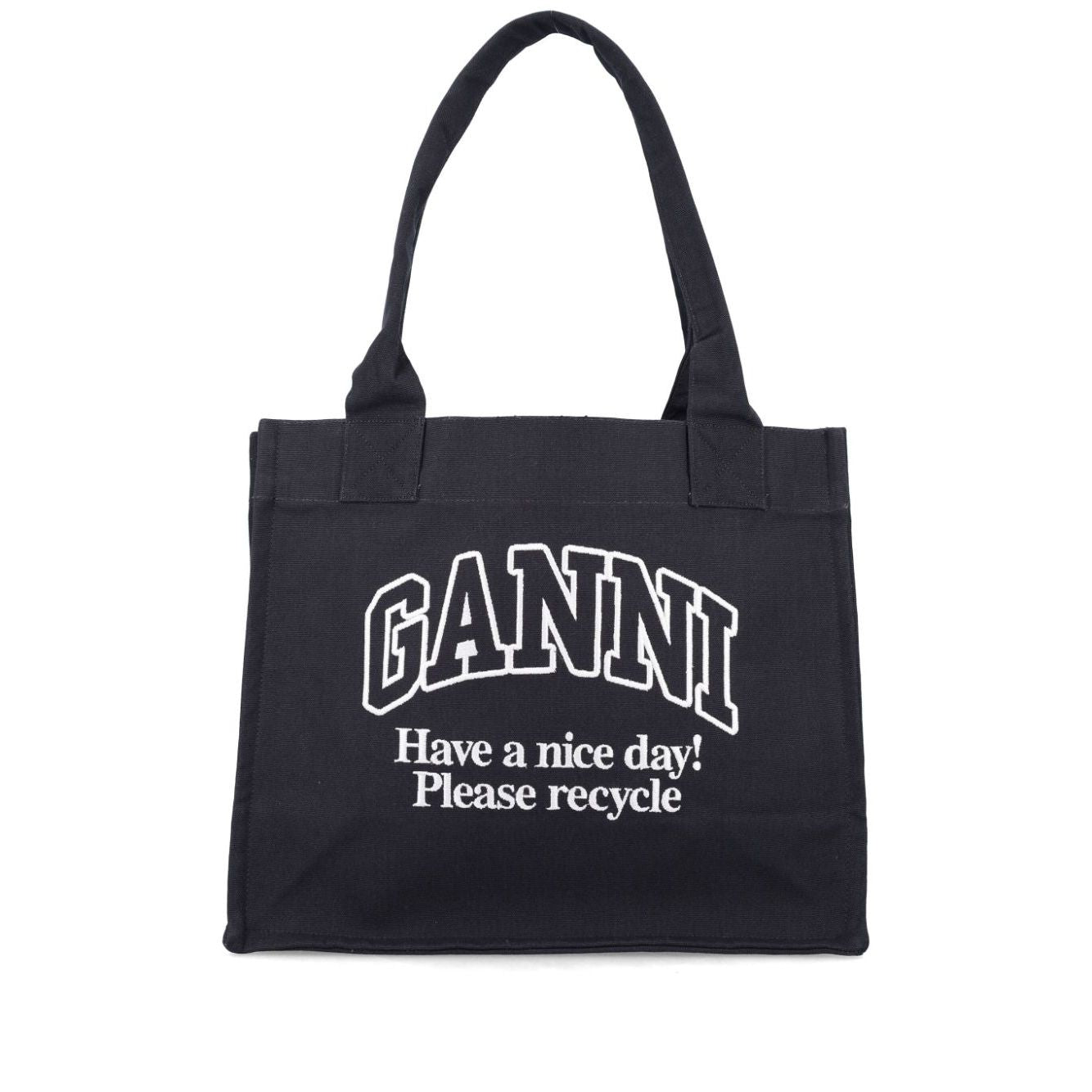 Ganni Organic cotton large tote bag in black with environmental message, featuring two top handles made from 50% organic materials.