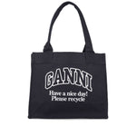 Ganni Organic cotton large tote bag in black with environmental message, featuring two top handles made from 50% organic materials.