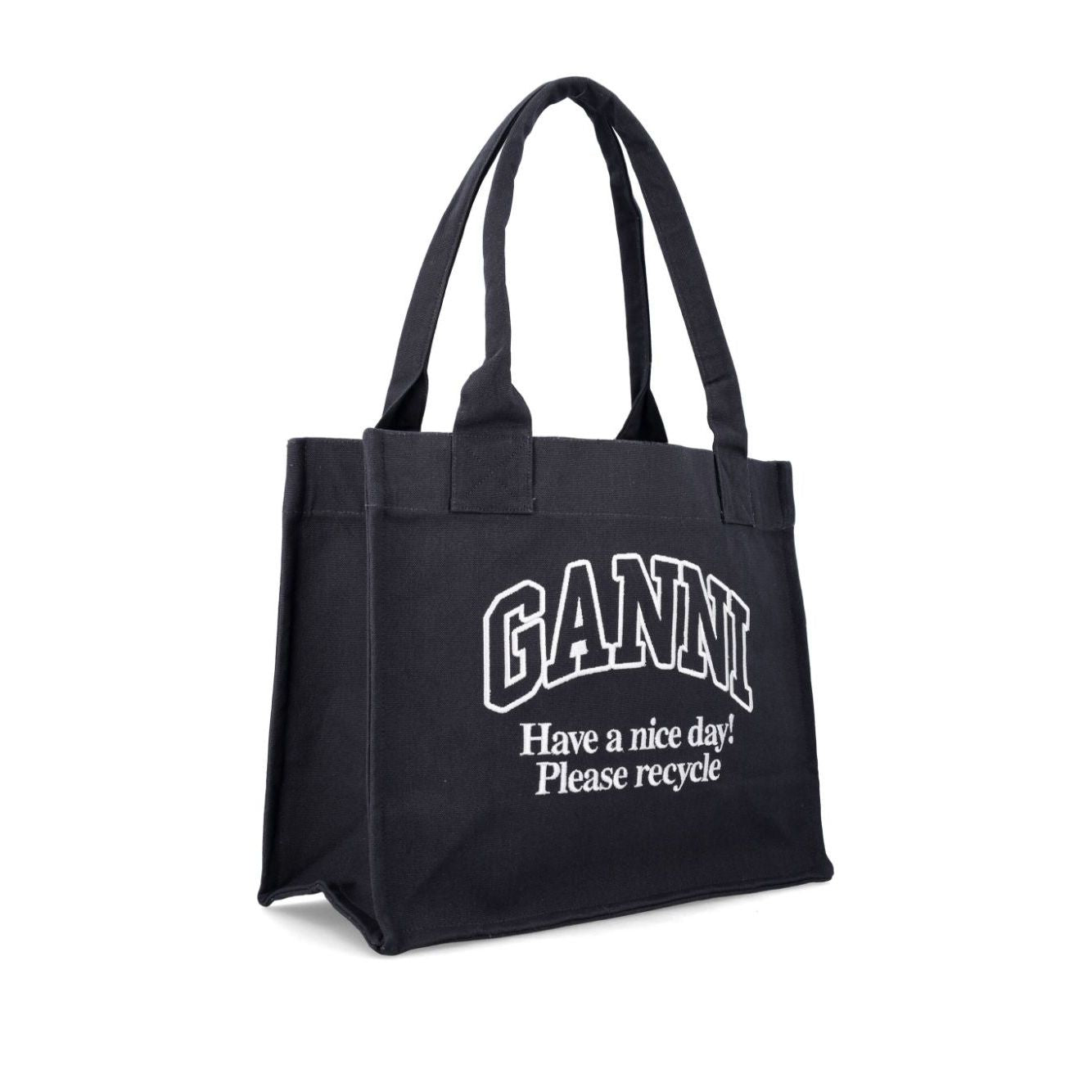 Ganni Organic cotton large tote bag in black with 'Have a nice day! Please recycle' text and two top handles.