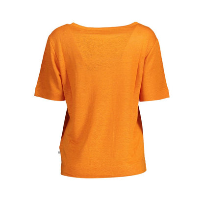 Back view of Gant Orange Linen Women T-Shirt with wide neck and classic logo.