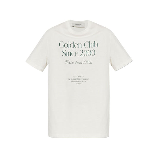 Golden Goose T-shirts and Polos White with graphic print and metallic star embellishments, crew neck cotton shirt.