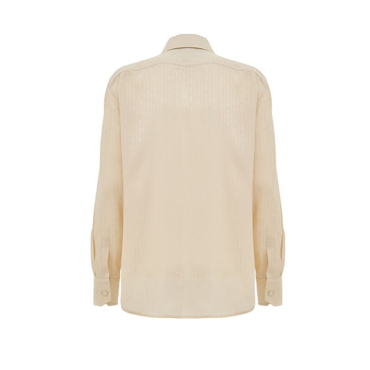 Back view of Gucci Beige Silk Shirt with horsebit print, featuring classic collar and fabric-covered buttons, 100% silk composition.