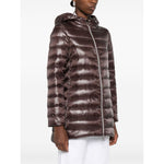 Herno Coats Brown high-shine chocolate brown down jacket with hood, two-way zip, and zip pockets for stylish comfort.