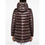 Herno Coats Brown - High-shine chocolate brown A-shape midi down jacket with drawstring hood and two-way zip fastening.
