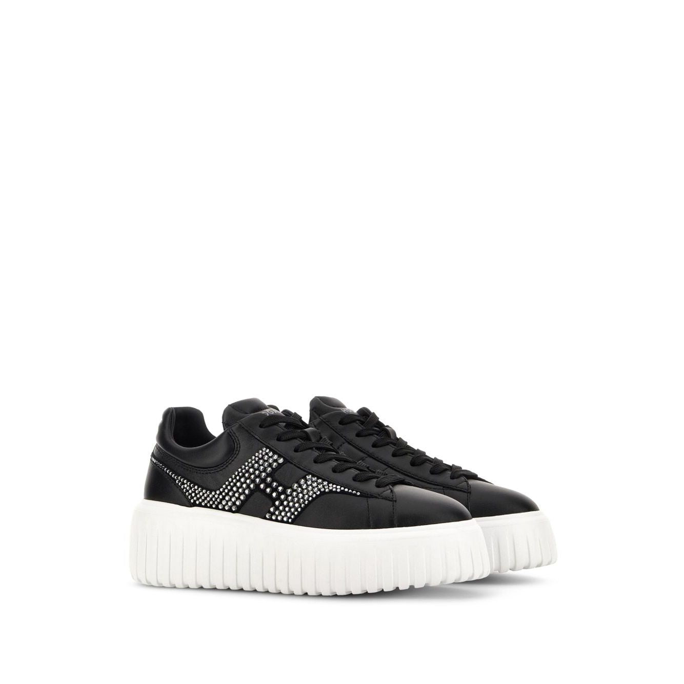 Hogan Pre Hogan H-Stripes black leather sneakers with flatform sole and H-stripes, featuring a rubber outsole and lace-up fastening.