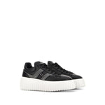 Hogan Pre Hogan H-Stripes black leather sneakers with flatform sole and H-stripes, featuring a rubber outsole and lace-up fastening.