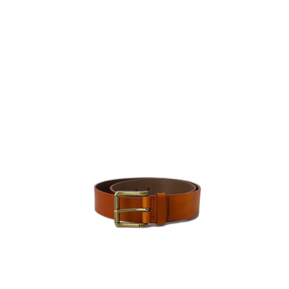Hugo Boss Beige Leather Belt with brushed metal buckle, crafted from high-quality leather for formal and casual styles.