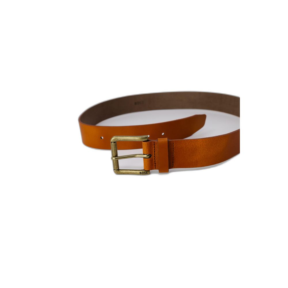 Hugo Boss Beige Leather Belt with rectangular brushed metal buckle, crafted from 100% high-quality leather for durable and elegant style.