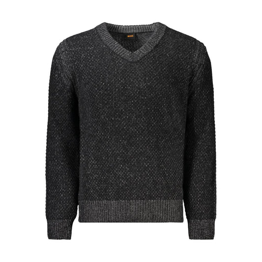 Hugo Boss Black Wool Men Sweater with V-neck and contrast details, showcasing luxury style and comfort for winter fashion.