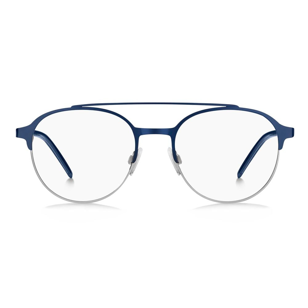 Hugo Boss Blue Metal Frames with clear lenses, model BOSS-1246-KU0, featuring blue metal frames and a minimalist design.