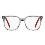 Hugo Boss Gray Acetate Frames for women, style HG1266268F217, with red temples and clear lenses, size 52/17/140mm.