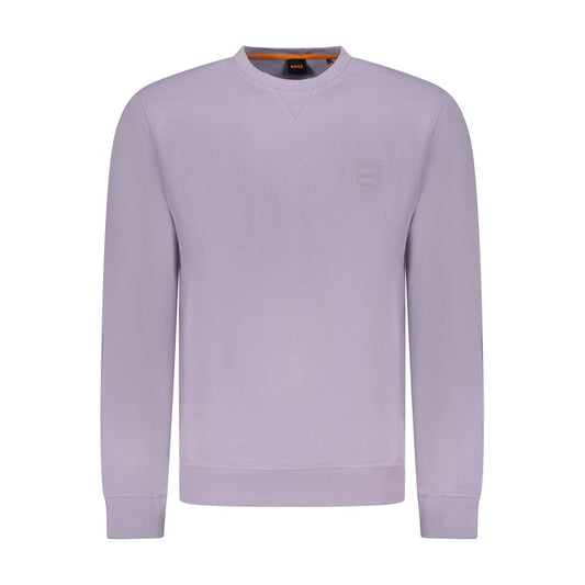 Hugo Boss Purple Cotton Men Sweater with long sleeves and crew neck, featuring stylish embroidery and logo details for a modern look.