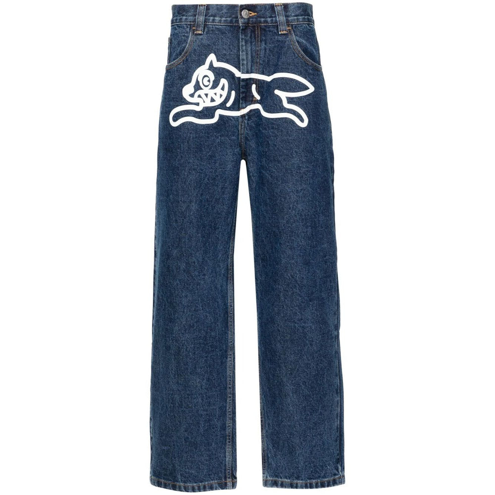 ICECREAM Jeans Blue featuring indigo denim with Running Dog graphic on front, classic five pockets, straight leg, and rear logo patch.