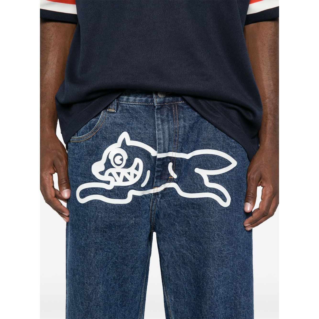 ICECREAM Jeans Blue featuring Running Dog graphic, indigo denim, belt loops, logo patch, straight leg, and classic five-pocket design.