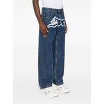 ICECREAM Jeans Blue with Running Dog graphic print, indigo cotton denim, straight leg, five pockets, and logo patch on rear.