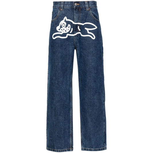 ICECREAM Jeans Blue featuring indigo denim with Running Dog graphic on front, classic five pockets, straight leg, and rear logo patch.