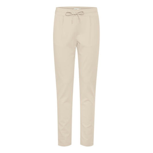 ICHI Beige Polyester Pant with elastic waistband and drawstring, front pleats, slim fit, women's cigarette trousers model 20105036.