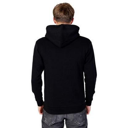 Back view of Jack Jones Black Polyester Hoodie worn by a model, highlighting comfort and style with adjustable drawstring hood and full zip design.